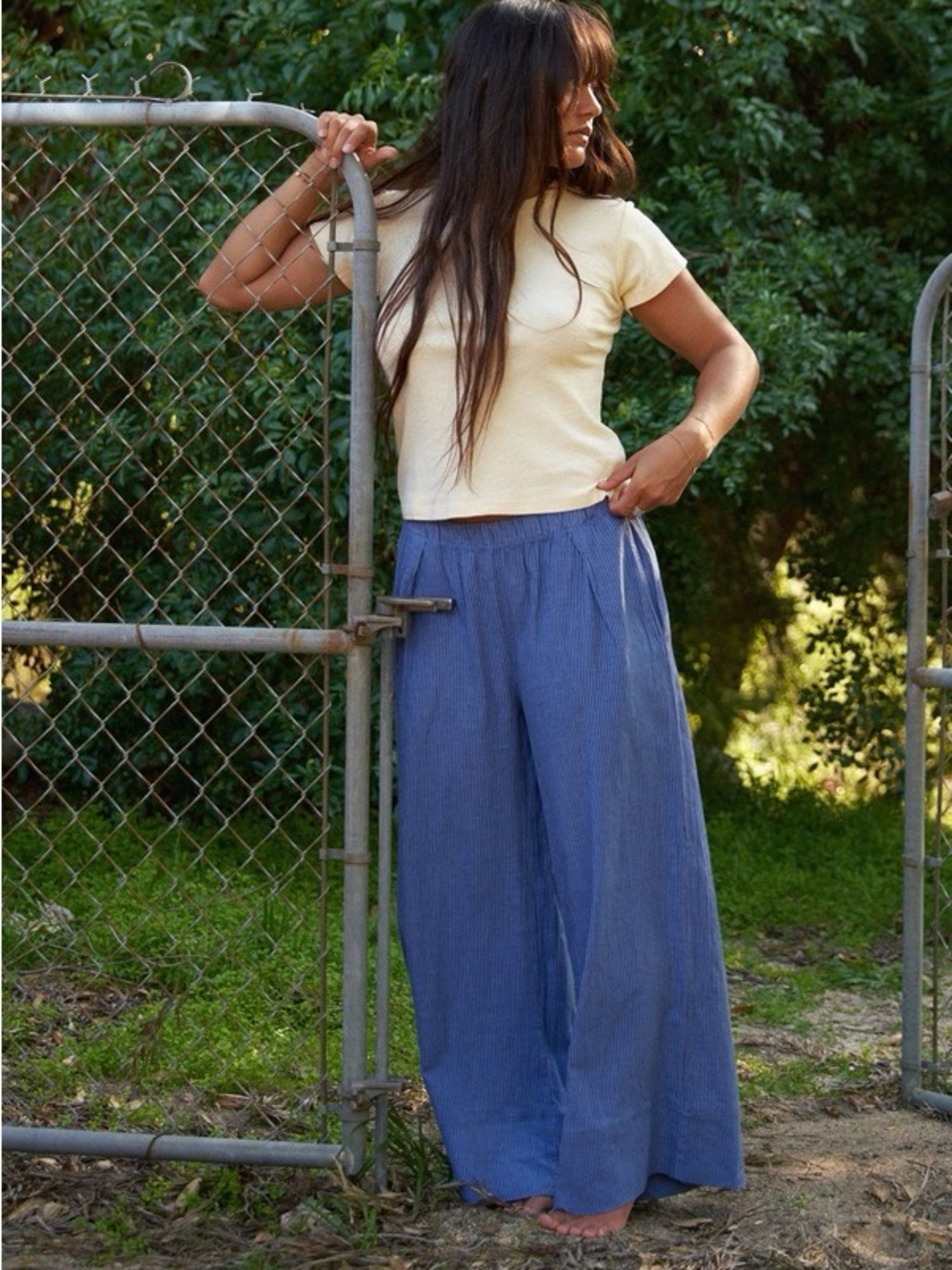 LA Relaxed Navy Stripe Washed Linen Wide Leg Pant Size Small